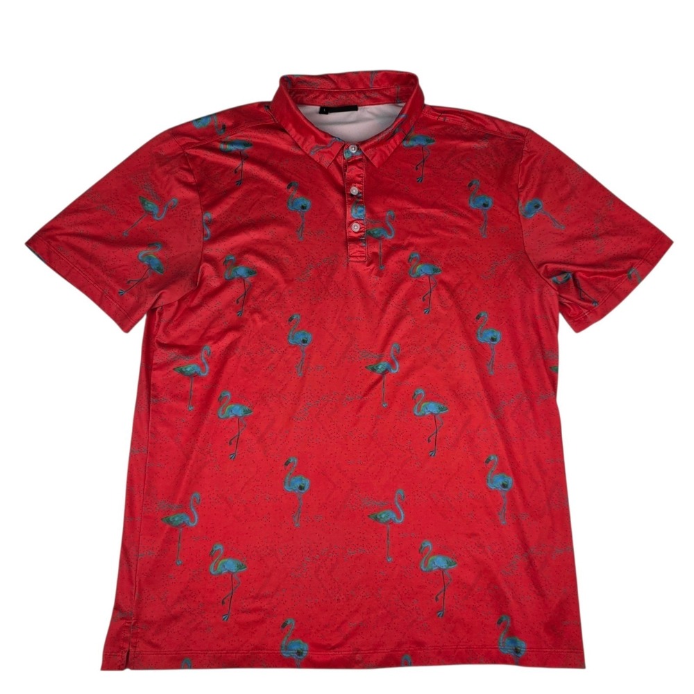 Yatta Golf‎ Polo Shirt Mens Large Red Flamingo Graphic Golf Performance Stretch